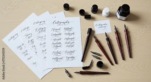 Calligraphy Practice: Elegant Script Samples, Dip Pens, and Ink on Light Wood Surface