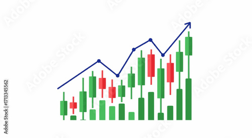 Financial growth concept illustrated with a bullish candlestick chart and an ascending arrow, representing investment success and a positive market trend
