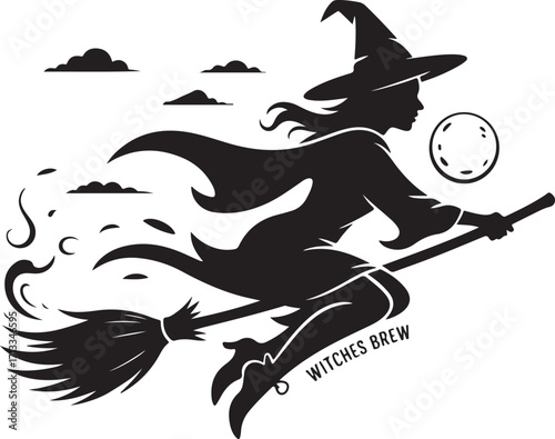 Halloween witch flying on broomstick silhouette vector