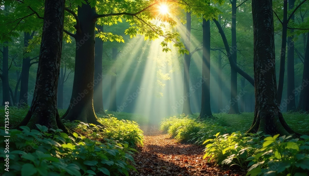 Obraz premium Sun Dappled Forest Floor Magical Woodland Scene, Lush Green Canopy, Natural Light