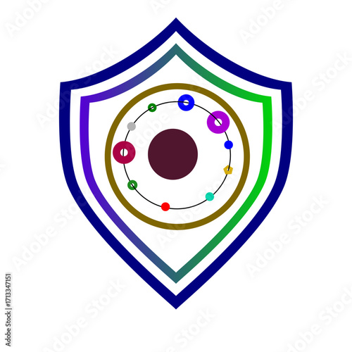 A futuristic shield emblem featuring an abstract circular orbital design with vibrant colors. Symbolizing protection, technology, and cosmic balance in a modern artistic style.
