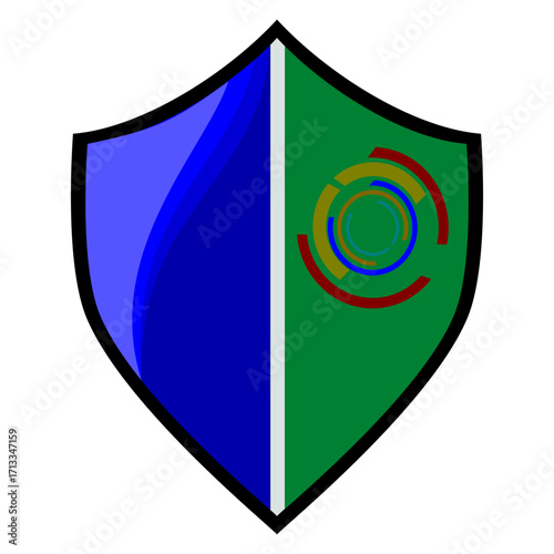 A futuristic shield emblem featuring an abstract circular orbital design with vibrant colors. Symbolizing protection, technology, and cosmic balance in a modern artistic style.
