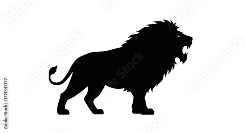 A powerful black silhouette of a majestic roaring lion standing in profile, an isolated vector graphic representing strength, courage, and wildlife