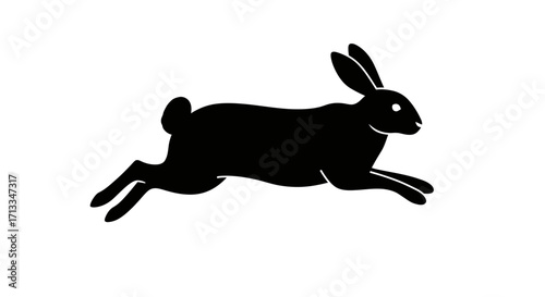 A sleek black silhouette of a running rabbit in dynamic motion, presented as a minimalist vector graphic illustration isolated on a white background