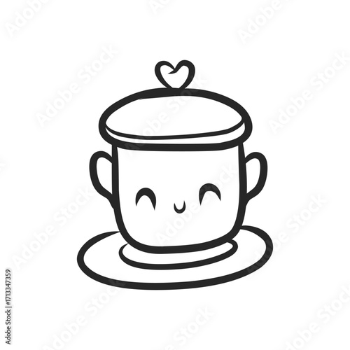 Cute kawaii teacup with smiling face and heart lid line art vector illustration