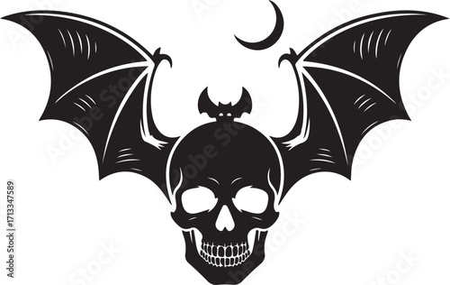 Black silhouette of a skull with bat wings, white background.