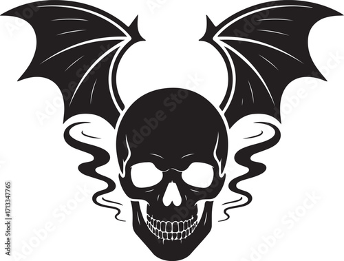 Black silhouette of a skull with bat wings, white background.
