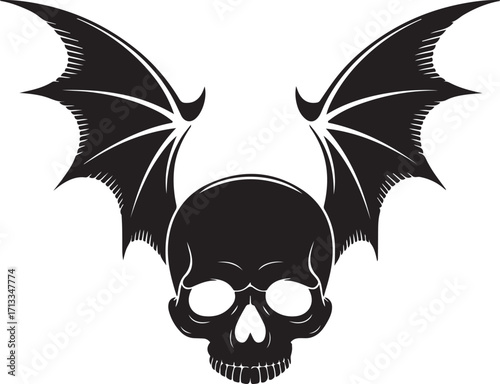 Black silhouette of a skull with bat wings, white background.