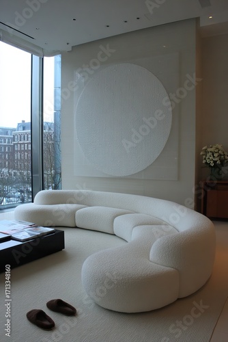 Modern minimalist living room with curved sofa and large circle artwork