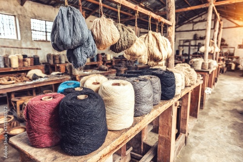 Rows of colorful yarn spools in a rustic workshop