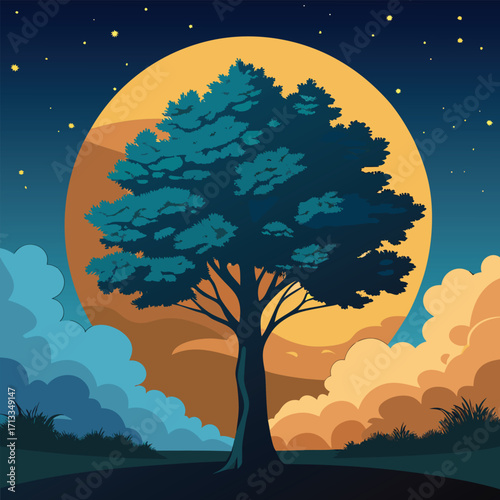 Silhouette of a tree against a large orange moon at night