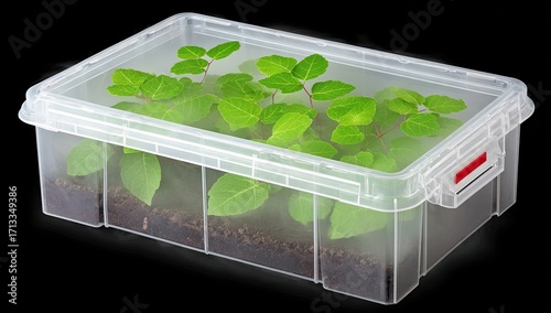 Clear plastic box with young plants and soil