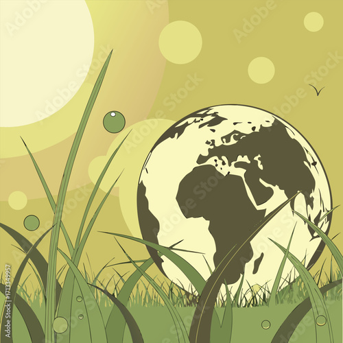 Stylized globe in tall grass with dew drops earth world