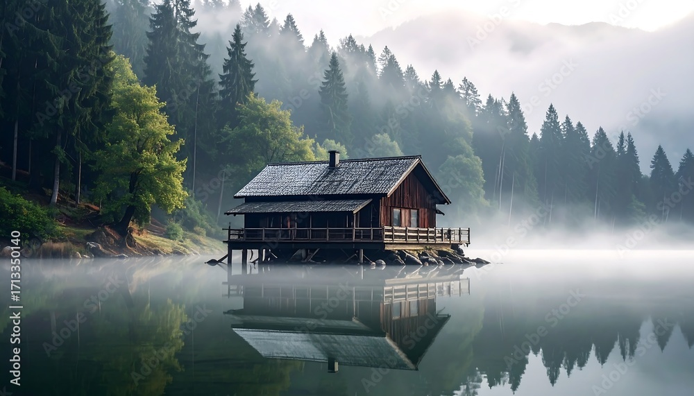 Fototapeta premium A serene wooden cabin rests peacefully on a misty lake, surrounded by a dense forest, casting a tranquil reflection on the calm water.