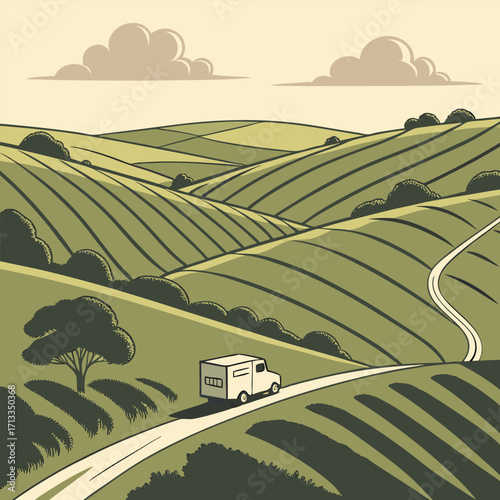 Stylized rural landscape with rolling hills and a delivery van