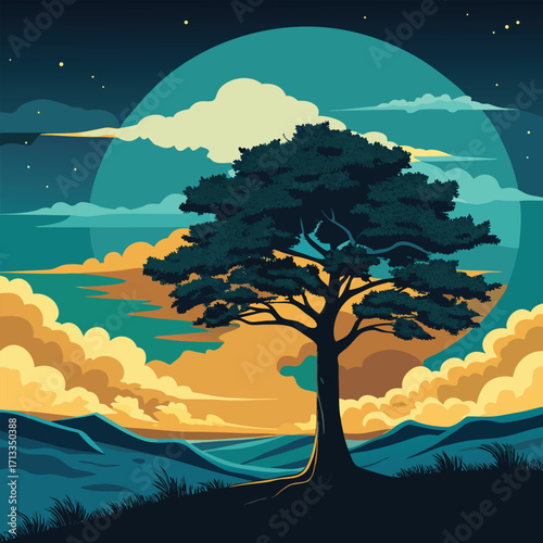 Stylized tree against a twilight sky with clouds and moon