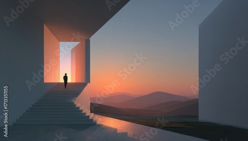A lone figure ascends minimalist white stairs towards a vibrant sunset over a distant, hazy mountain range, viewed from within a modern, geometric structure