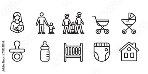 Family and baby icon set representing motherhood and childcare needs