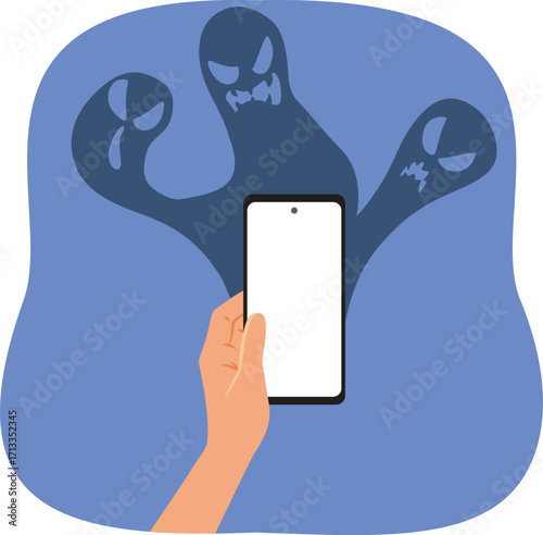 Demons Coming out of Online Cyberspace Concept Illustration. Person finding out about the negative side effects of technology 