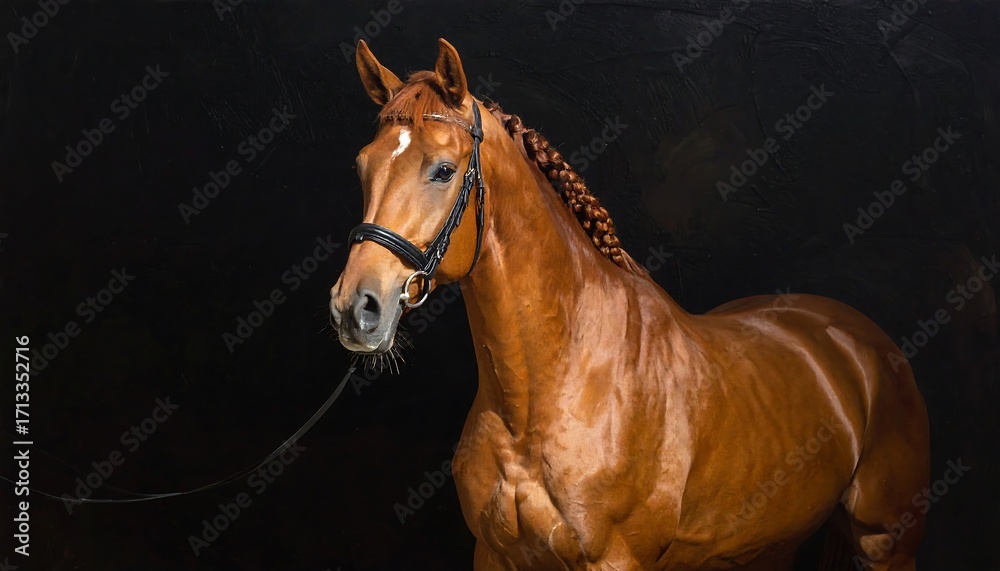 Obraz premium A magnificent chestnut horse, elegantly posed against a deep black backdrop, showcasing its braided mane and sleek coat.
