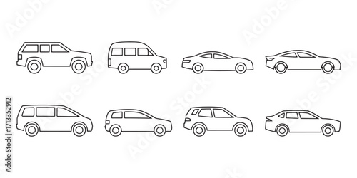 Different car types vector outline icons on white background