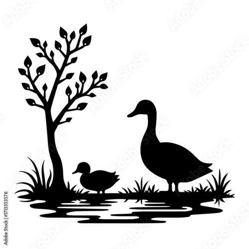 duck and duckling, bird, duck, goose, animal, nature, isolated, white, vector, illustration, silhouette, wildlife, swan, geese, water, wild, beak, animals, black, mallard, feather, cartoon, waterfowl,