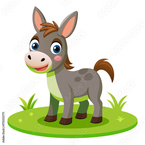 Adorable cartoon donkey standing cheerfully on grass, perfect for childrens illustrations and design projects