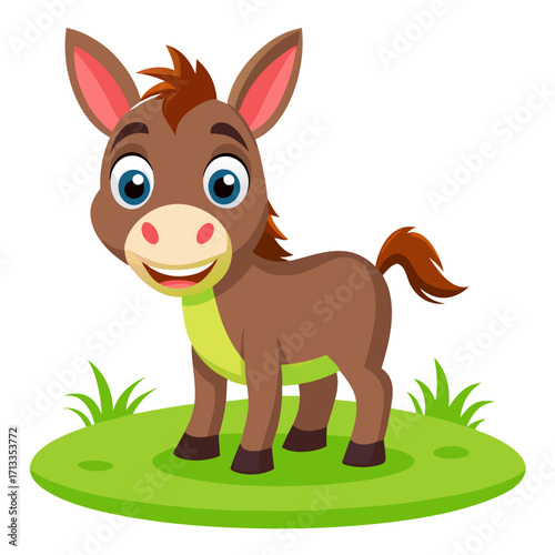 Adorable donkey cartoon character smiling sweetly in a field of green grass illustration