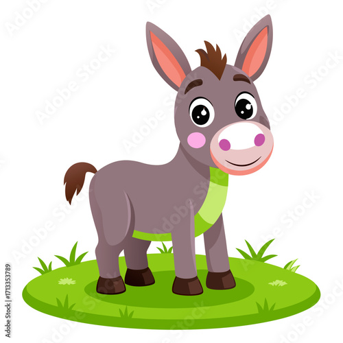 Adorable cartoon donkey standing cheerfully on green grass, bringing joy and whimsical charm to any project