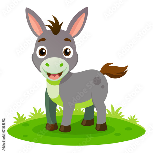 Adorable cartoon donkey smiling in green field, perfect for children's illustrations and character designs