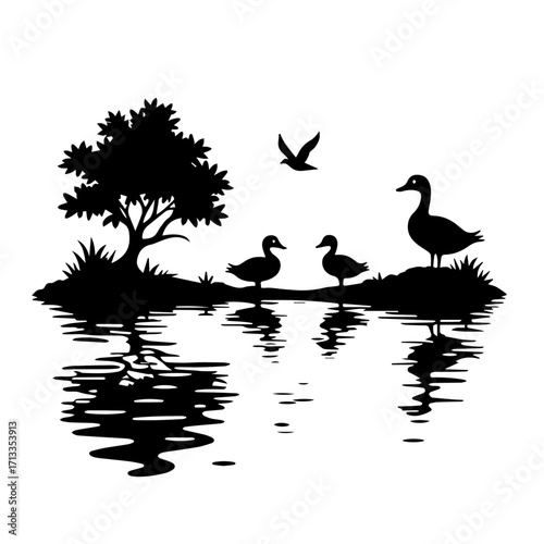 ducks on the lake, bird, water, lake, sunset, nature, birds, tree, landscape, sun, duck, silhouette, goose, animal, flying, sky, pond, geese, wildlife, vector, river, ducks, summer, wild, fly, illustr