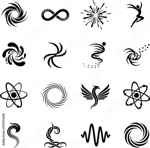 Abstract black symbols, minimalist icon set, spiral, atomic, flame, wave, phoenix, motion, science, energy, cosmic, swirl, vortex