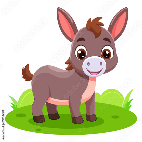 Adorable cartoon donkey standing in a grassy field, perfect for children's books and educational materials