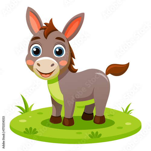 Friendly cartoon donkey standing in grassy field, cute animal character for children's design projects