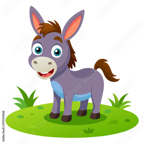 Adorable cartoon donkey smiling on green grass, perfect for children's illustrations and playful designs