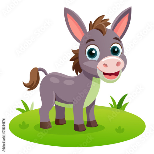 Adorable cartoon donkey standing happily in a grassy meadow perfect for children's books