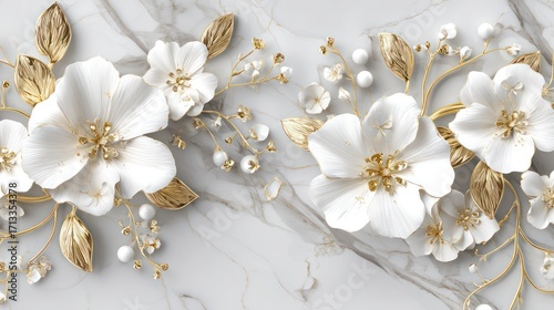 Elegant white flowers with gold accents on marble background