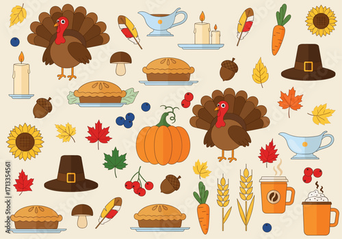 Cute Thanksgiving Fall Harvest Elements Vector Set