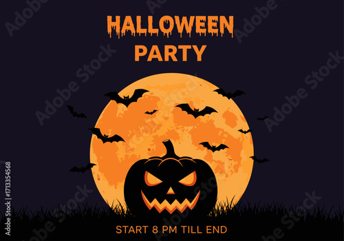 Spooky Halloween Party Invitation: Jack-o'-Lantern, Bats, Full Moon