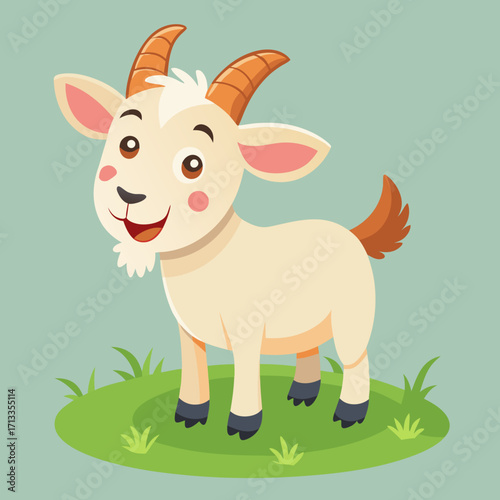 Adorable cartoon goat standing happily on grassy ground, a charming pastoral illustration