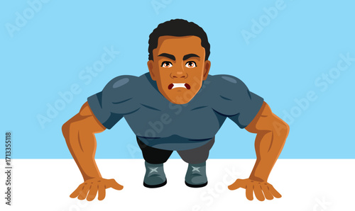 Strong Man Holding on to the Plank Vector Cartoon. Tired athlete over-training with no breaks doing push ups 