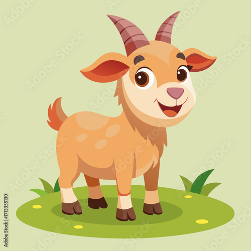 Adorable smiling goat cartoon character, playful animal illustration for children's books and designs