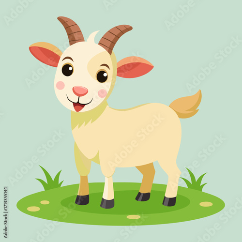 Adorable cartoon goat standing in a grassy field creates a charming and playful scene for children