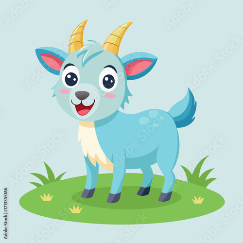 Adorable cartoon goat mascot character smiling cheerfully on grassy pasture for children's illustration