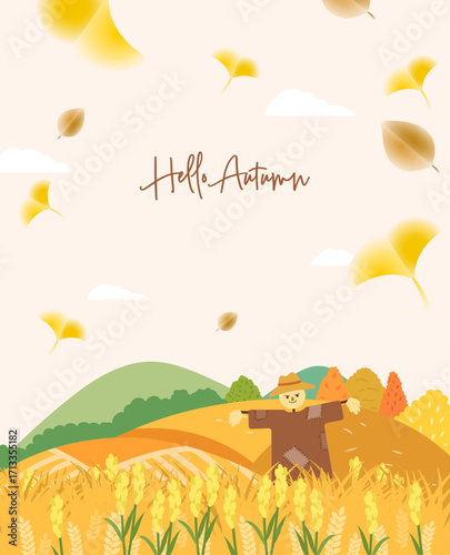 Autumn illustration with a scarecrow standing in a golden field and seasonal lettering