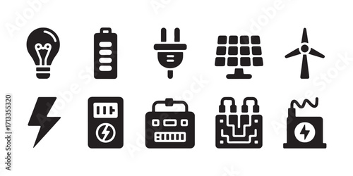 Energy and Power Icons Black and White Renewable and Nonrenewable Sources