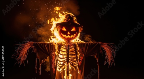 Halloween spectacle a blazing scarecrow amidst darkness with a fiery pumpkin head