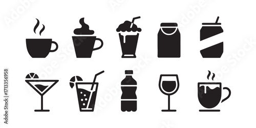 Various drink icons in black and white representing different beverages