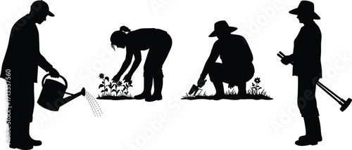 Black silhouette illustration of people gardening, watering plants, digging soil, planting flowers, using tools, teamwork, outdoor activity, farming, agriculture, lifestyle