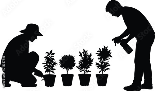 Black silhouette illustration of people gardening, watering plants, spraying leaves, plant care, teamwork, nature nurturing, eco lifestyle, home gardening, sustainability, growth